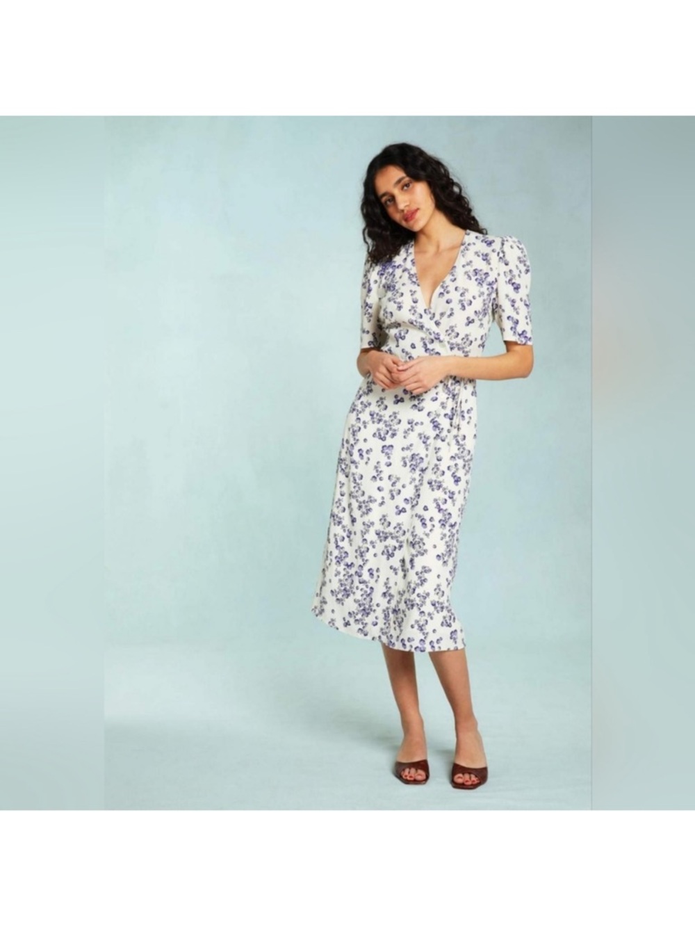 Rouje Gabin Floral V-Neck Midi Dress in White and Blue/Purple Eu40